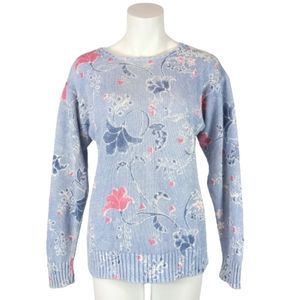 VTG Ralph Lauren Blue Floral Printed Cotton Bateau Neck Chunky Knit Sweater MED